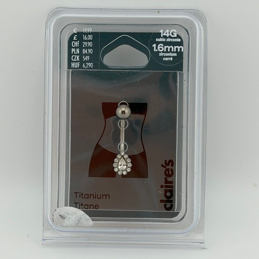 Claire's Titanium Belly Button Bar Piercing Jewelry with CZ Stones Teardrop NEW